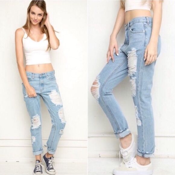 Brandy Melville Denim - Brandy Melville Destroyed Boyfriend High Rise Jeans 100% Cotton Rigid Denim